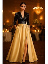 economico Abiti da Sera a Linea A-Linea ad A Abito da Sera Elegante Abito formale Formale Matrimonio Lunghezza al pavimento Manica 3/4 Scollo a V Raso con Pieghe Paillettes Spacco 2025