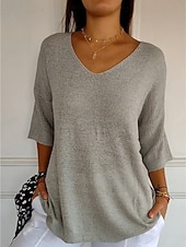 economico Colori solidi-Per donna Felpa Maglione Quotidiano Elegante Casual Tinta unica A Coste Scollo a V Lavorato a maglia Manica 3/4 Top Regolari Maglia All&#039;aperto Quotidiano Nero Bianco Estate Primavera