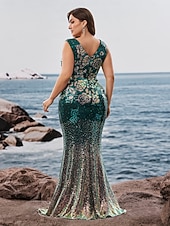 preiswerte Meerjungfrau Abendkleider-Meerjungfrau/Trompete Abendkleid, elegantes Kleid, formelle Abendparty, bodenlang, ärmellos, V-Ausschnitt, Herbst, Hochzeitsgast, Pailletten, V-Rücken mit Glitzerpailletten
