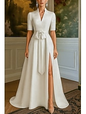 economico Abiti da Sera a Linea A-abito da sera elegante in broccato jacquard con cravatta nera, abito formale da sposa, lunghezza al pavimento, manica a 3/4, scollo a V, tasca in nylon con fiocco/i, spalline 2025