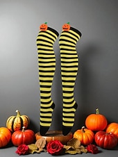 tanie Akcesoria Halloween-Damskie skarpetki za kolano na Halloween - bawełniane, długie pończochy w paski z uroczym wzorem dyni, zabawne i wygodne, nowatorskie pończochy na imprezy kostiumowe, cosplay i wydarzenia świąteczne