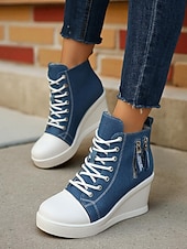 tanie Trampki damskie-damskie buty sportowe na koturnie z denimu, sznurowane z przodu i zapinane na suwak z boku, codzienne buty na wysokiej platformie do noszenia na co dzień
