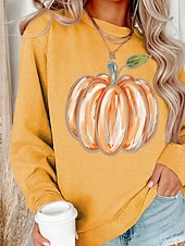 billige Halloween topper-Dame Genser med genser Gensere Gresskar Gatemote Fritid Langermet Crew-hals Vanlige topper Gate Ferie Ut på byen Trykt mønster Roségull Gressgrønn Svart Gul Lysegrønn Høst