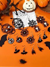 levne Halloweenské doplňky-Sada dámských visících náušnic na Halloween – pavučina a pavouk, lebka, netopýr a duch, lehká černá slitina s kamínky, gotický styl pro kostýmní večírky, cosplay a večerní zábavu