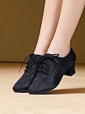 baratos Ténis de Dança-Sapatos de dança brancos com cadarço para mulheres - calçados de salão de salto grosso e brilhante com design de malha respirável para prática e performance