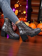 abordables Pour les femmes-Bottines de combat à talons épais pour femmes, motif tête de mort d&#039;Halloween et toile d&#039;araignée – bottines gothiques à lacets pour cosplay, porte-bonheur et mode automnale effrayante