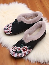 economico Scarpe di Natale per Donne-scarpe slip-on da donna con fodera in pelliccia ricamata rossa e motivo floreale, calde scarpe invernali per Natale, periodo festivo e abbigliamento casual