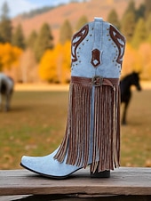 billige Cowboy og vestlige støvler-Blå og brune cowboystøvler med westernfrynser til dame – knehøye støvler med broderi i imitert skinn for rodeo-stil, countrykonserter og festivalantrekk