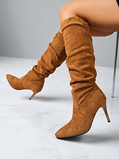 baratos Botas Slouch-Botas femininas de cano alto, estilo slouch, de camurça sintética bege, com salto agulha - calçados da moda outono para looks estilosos do dia a dia e para encontros casuais