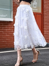preiswerte Chiffon -Röcke-Damen Rock Schwingend Gazeröcke Mode Lässig Midi Mittlere Hüfthöhe Röcke Blumen Tüll Fließend Mikroelastisch Urlaub Straße Schwarz Weiß Rosa Grau Frühling Polyester