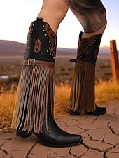 billige Cowboy og vestlige støvler-Blå og brune cowboystøvler med westernfrynser til dame – knehøye støvler med broderi i imitert skinn for rodeo-stil, countrykonserter og festivalantrekk