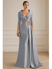 baratos Vestidos de baile-Vestido de noite azul e preto, elegante, formal, para casamento, comprimento até o chão, manga curta, lapela, cetim elástico com pregas, 2025