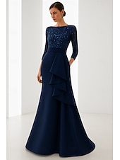 preiswerte Meerjungfrau Abendkleider-blau-schwarzes Meerjungfrau-Abendkleid, elegantes Kleid, formelle Hochzeit, bodenlang, lange Ärmel, U-Boot-Ausschnitt, Champagner, Satinkleid für die Brautmutter mit Glitzerrüschen 2025