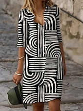 tanie drukowane bawełniane i lniane sukienki-Damskie Sukienka mini Sukienka koszulowa Codzienne sukienki Sukienka z nadrukiem Moda Nowoczesny Na zewnątrz Codzienny Weekend Regularny Tenké Rękaw 3/4 Kołnierzyk koszuli Czarny Lato Wiosna Jesień