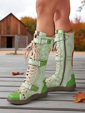 economico Stivali da combattimento-stivali da donna verdi con lacci alti fino al ginocchio – stivali da combattimento vintage da esterno per outfit autunnali, da fattoria, da festival e casual