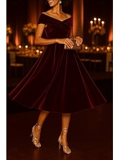 baratos Vestidos de Cocktail-Vestidos de coquetel pretos em linha A, veludo elástico, elegante, vestido formal para casamento, comprimento chá, comprimento midi, ombro de fora com franzido 2025