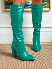 preiswerte Modische Stiefel-Grüne kniehohe Kunstlederstiefel für Damen – Stiefel mit spitzer Zehenpartie und Blockabsatz für Streetstyle im Herbst und Winter, tägliche Ausflüge und Urlaubsmode
