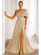cheap Empire Waist Evening Dresses-Sequined Gold Black A-Line Cocktail Dresses Elegant Dress Formal Wedding Floor Length Sleeveless One Shoulder Sequined with Glitter 2025