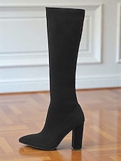 abordables Botas de moda-Botas altas hasta la rodilla rojas para mujer: botas largas de punto elástico, punta puntiaguda y tacón grueso para atuendos de otoño-invierno, fiestas y looks urbanos de moda.