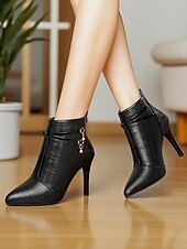 abordables Bottines-Bottines à talons hauts à motif crocodile noir pour femmes - bottines à talons aiguilles à bout pointu en similicuir avec brides décoratives et breloques en strass pour des tenues élégantes