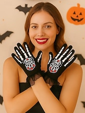 preiswerte Halloween-Zubehör-Damen-Halloween-Skeletthandschuhe – schwarze Spitzenmanschette mit Zuckerschädel-Aufdruck, Kostümzubehör für Party, Cosplay und Nachtleben