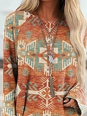 Χαμηλού Κόστους Boho t-shirt-Γυναικείο T-shirt Μακρυμάνικο Γραφικό Φυλή Vintage Στυλάτο Κλασικό Μακρυμάνικο Στρογγυλή Λαιμό Κανονικά Τοπ Ημερήσια Εκτύπωση Κόκκινο Μπλε Άνοιξη Φθινόπωρο Προφθινόπωρο