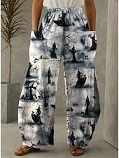 preiswerte Halloween-Hosen-Damen Hose aus Baumwollleinen Urlaub Vintage Ethno-Stil Volle Länge Mittlere TaillePantsHalloween Katze Kürbis Halloween Drucken Bequem Unelastisch Urlaub Straße Lässig Asche Schwarz Fuchsie Orange