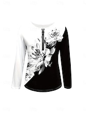 abordables T-shirt floral-Femmes T-shirt Fleuri Graphique Plantes Élégant ancien Classique manche longue Col rond Encolure en V Hauts Réguliers Quotidien Week-end Fermeture éclair Imprimé Noir et blanc Printemps Automne Hiver