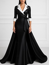 abordables Robes de smoking-Robe de Soirée A-Line Noir et Blanc Sequins Élégante Robe Blazer Formelle Mariage Longueur au Sol Manches 3/4 Col Chemise Poche Satin avec Nœud(x) Perles