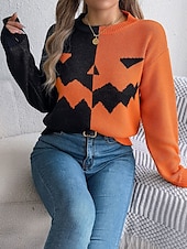 economico Blusa e Camicie di Halloween-Maglione da donna Halloween con zucca casual morbido grafica colletto a coste maniche lunghe top regolari lavorato a maglia arancione khaki autunno inverno pre-autunno