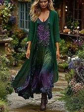 abordables Robe Fleurie-Femmes Robe Ensemble Robe Maxi Robe trapèze Vacances Boho Fleuri Graphique Superposé Imprimé Robe maxi Manche 3/4 Col en V Extérieur Quotidien Bleu Violet Vert Printemps Automne Coupe régulière