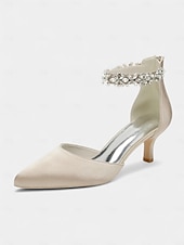 abordables Dama de honor-Zapatos de boda para dama de honor color champán para mujer, tacones bajos de gatito, punta puntiaguda y correa de cristal en el tobillo, zapatos de vestir elegantes y cómodos.