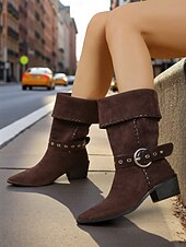 abordables Cowboy et bottes occidentales-Bottes mi-mollet en daim marron pour femme – bottines western à rabat avec bride à boucle et talons bas, chaussures rétro d&#039;automne pour le streetwear, tenues décontractées et looks d&#039;inspiration rodéo