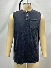  Vintage-Tanktop für Herren, 100 % Baumwolle, Acid-Wash-Optik, ärmelloses Unterhemd, Henley-Shirt, schlichtes Sommer-Design, Basic-Tasche, Knöpfe, Urlaub, Streetwear, schwarzes T-Shirt für Herren