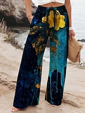 preiswerte weites Bein und hohe Taille-Damen Weites Bein Hosen Hose Urlaub Lässig Lang Hohe Taille Blumen Elastischer Bund Drucken Hoher Schnitt Atmungsaktivität Weich Mikroelastisch Urlaub Straße Alltagskleidung Gelb Blau Dunkelgrün Grün