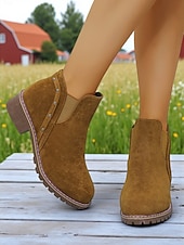 abordables Botas del Chelsea-Botines Chelsea de tacón grueso para mujer: botines de punta redonda con detalle de tachuelas para la moda de otoño, visitas a granjas y paseos al aire libre.