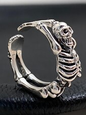 billige Halloween-tilbehør-Halloween-skjelettring til dame – justerbar åpen viklering, sølvfarget legering med gotisk punk-hodeskalle og beindesign, statement-smykker til kostymefester, cosplay og kvelder ute