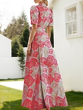 baratos Vestidos de Festa em A-Linha A Longo Vestidos de noite Vestido de Baile Vestido formal Elegante Vintage Manga Curta Colarinho de Camisa Casamento Formal Fibra Sintética com Estampa floral Fenda Bolsos