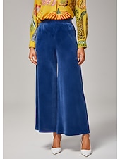 abordables Pantalones-Pantalones anchos de mujer, informales, de pana muy elástica, con textura acanalada, cintura elástica y elastano azul.