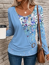 abordables T-shirt floral-Femmes T-shirt Fleuri Graphique ancien Élégant Occasionnel manche longue Col ras du cou Hauts Réguliers Quotidien Patchwork Imprimé Jaune Rose Claire Bleu Violet Vert Automne Hiver