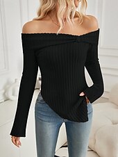 abordables Pull de Noël-Femmes Chemisier Uni Élégant Moderne manche longue Épaules Dénudées Hauts Réguliers Fête Sortir Nœud Dos nu Noir Blanche Rose Claire Abricot Bleu clair Automne