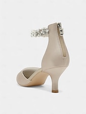 abordables Dama de honor-Zapatos de boda para dama de honor color champán para mujer, tacones bajos de gatito, punta puntiaguda y correa de cristal en el tobillo, zapatos de vestir elegantes y cómodos.