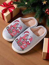 ieftine Flip-Flops de Damă-Papuci de Crăciun bej pentru femei, cu căptușeală plușată și imprimeu festiv cu dragoste – pantofi de iarnă confortabili pentru interior, pentru sărbători, acasă și cadouri