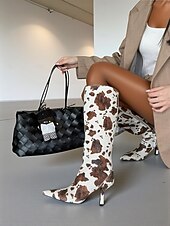 baratos Botas da moda-Botas femininas de cano alto com estampa de vaca e zíper lateral para facilitar o uso, salto agulha com bico fino, calçados modernos de inspiração ocidental para trajes casuais urbanos
