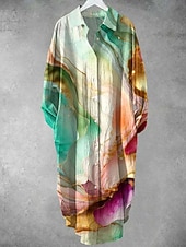 levne Boho šaty-Dámské Midi šaty Košilové šaty Volnočasové šaty Módní Moderní Denní Plážové Víkend Běžný Grafika Dlouhý rukáv Košilový límec Vodní modrá Trávová zelená Jaro Podzim