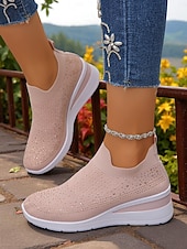 preiswerte Damen-Sneaker-Pinke Flyknit-Slip-On-Sneaker mit Strasssteinen für Damen – atmungsaktive, leichte Keilschuhe zum Spazierengehen, für Fitness und den lässigen Alltag