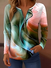 abordables T-shirt Art &amp; Design-Femmes T-shirt A Ombre Graphique Abstrait Élégant ancien Classique manche longue Col en V Hauts Réguliers Quotidien Week-end Fermeture éclair Imprimé Bleu Violet Orange Gris Printemps Automne