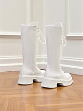 baratos Botas de combate-Botas femininas de couro sintético, cano alto, com cadarço, zíper lateral e sola plataforma grossa, calçado casual urbano