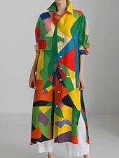 economico Arte &amp; Design Abito-Per donna Abito Lungo Maxi Abito Abito Camicia Vestito Casual Moda Moderno Quotidiano Ferie Weekend Vestibilità regolare Grafico Animale Manica 3/4 Colletto a Camicia Bianco Giallo Verde Cachi Estate