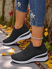 preiswerte Damen-Sneaker-Pinke Flyknit-Slip-On-Sneaker mit Strasssteinen für Damen – atmungsaktive, leichte Keilschuhe zum Spazierengehen, für Fitness und den lässigen Alltag